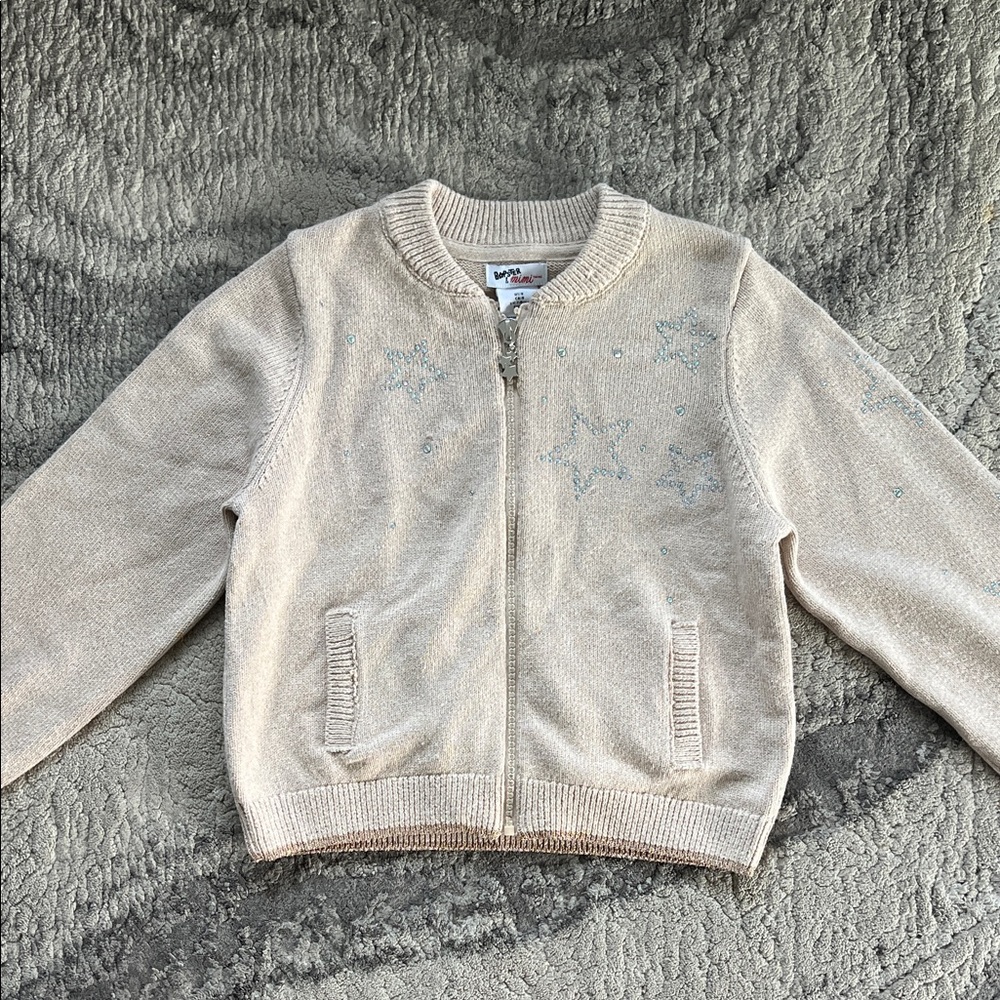 Beige Star Embroidered Zip-Up Sweater
